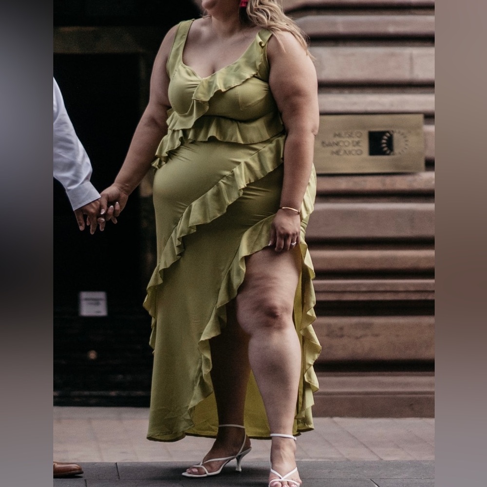 PrettyLittleThing Olive Ruffle Maxi Dress